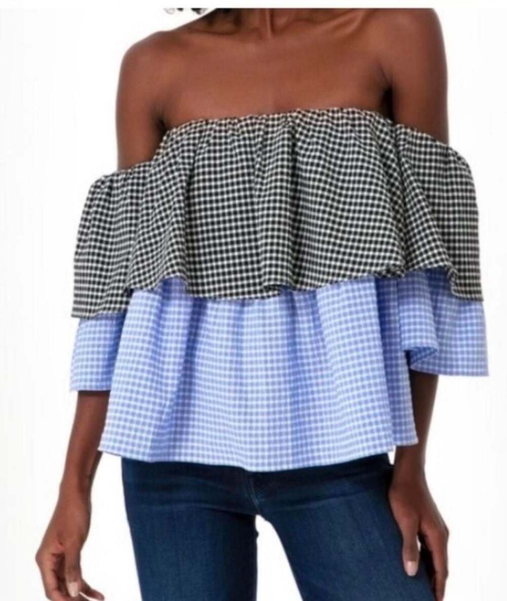 Pomander Place Off-the-Shoulder Ruffle Gingham Blouse Top Style B1115